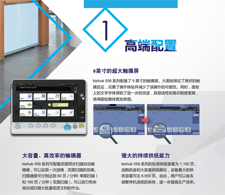 柯尼卡美能達(dá)458高端配置 9英寸的超大觸摸屏-科頤辦公